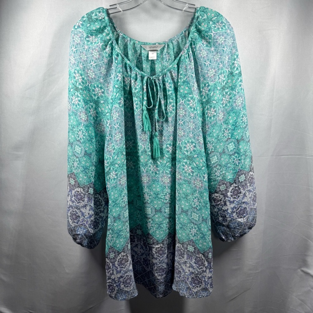 CJ Banks Women’s 2X Green‎ Bell Sleeve Tunic with Tie Front